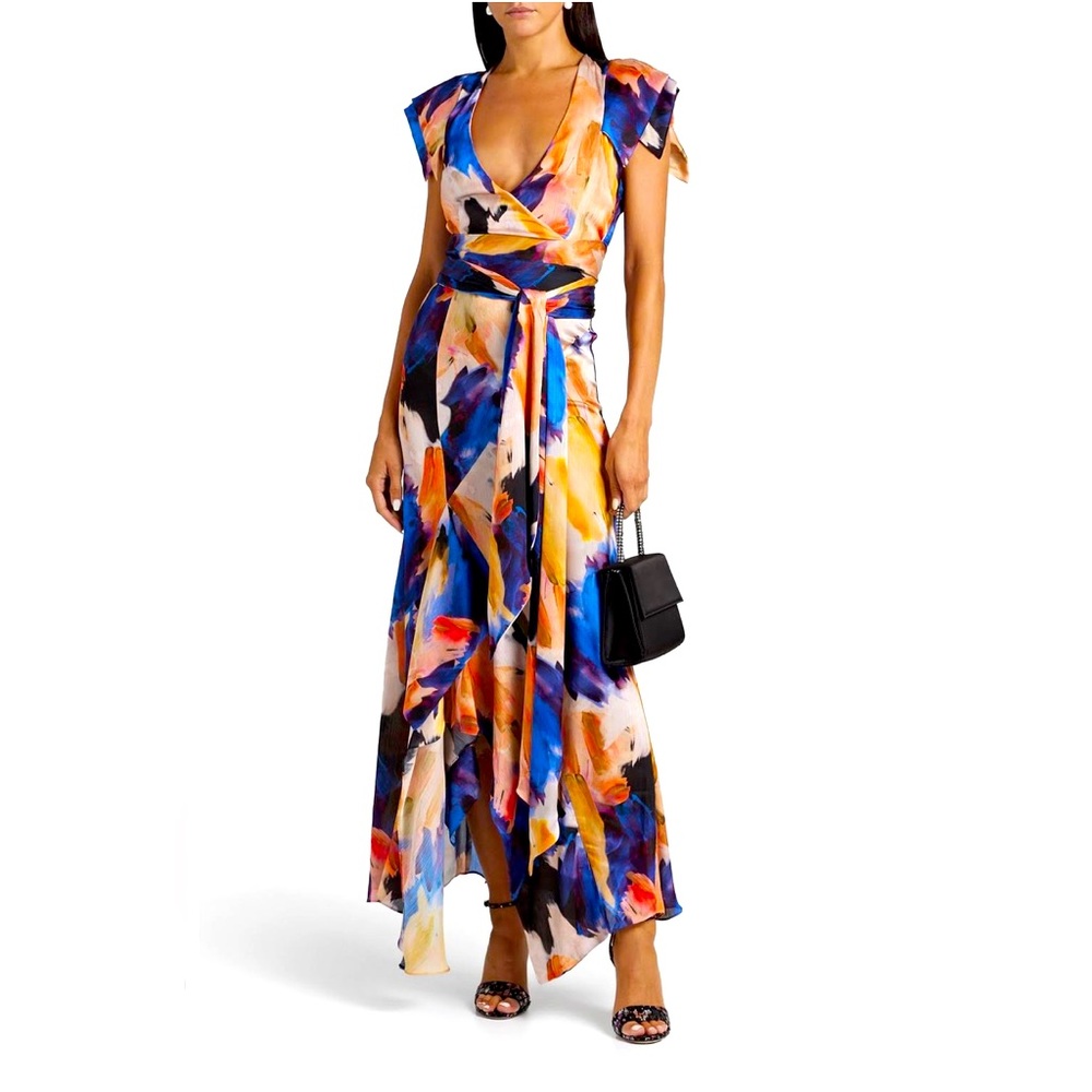 🔥 NWT Galvan London Euphoria Abstract-Print Short-Sleeve Wrap Dress SZ 38 🔥
